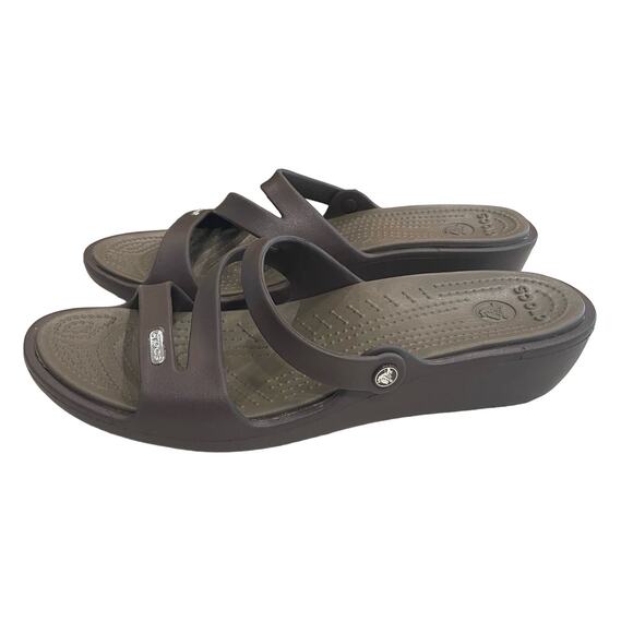 Crocs Patricia Sandals Women's Size 11 Brown Slip On Wedge Heel Strappy Comfort - Picture 4 of 10